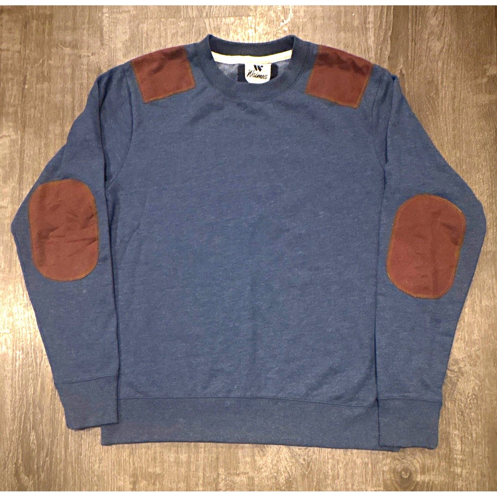 Waimea Mens Blue Knit Crew Neck Pullover Sweater w/ Brown Patches Size L